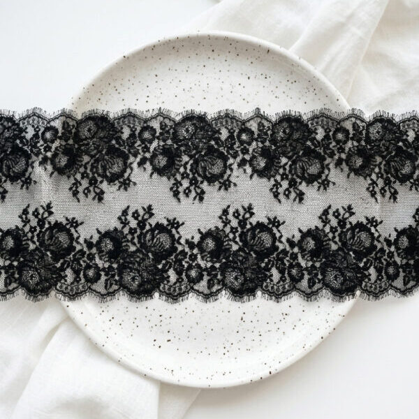 Premium Black Eyelash Lace Trim – 24cm Wide Luxury Floral Design | 12-Meter Roll | Beautymond