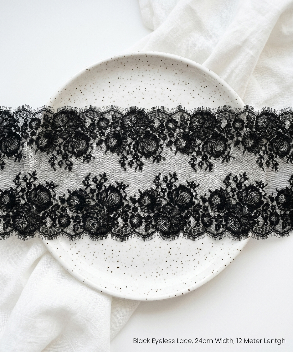 Premium Black Eyelash Lace Trim – 24cm Wide Luxury Floral Design | 12-Meter Roll | Beautymond
