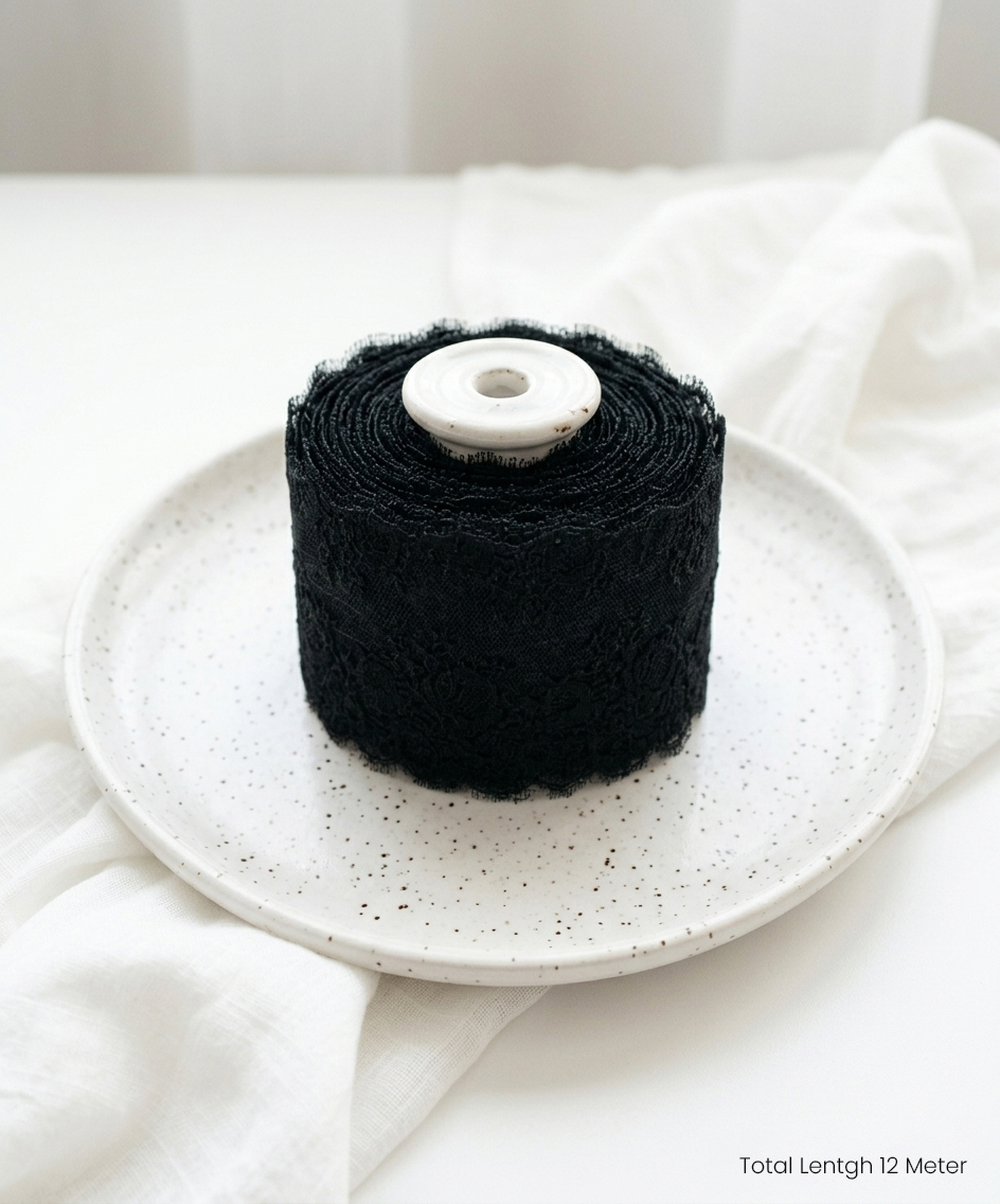 Premium Black Eyelash Lace Trim – 24cm Wide Luxury Floral Design | 12-Meter Roll | Beautymond - Image 3